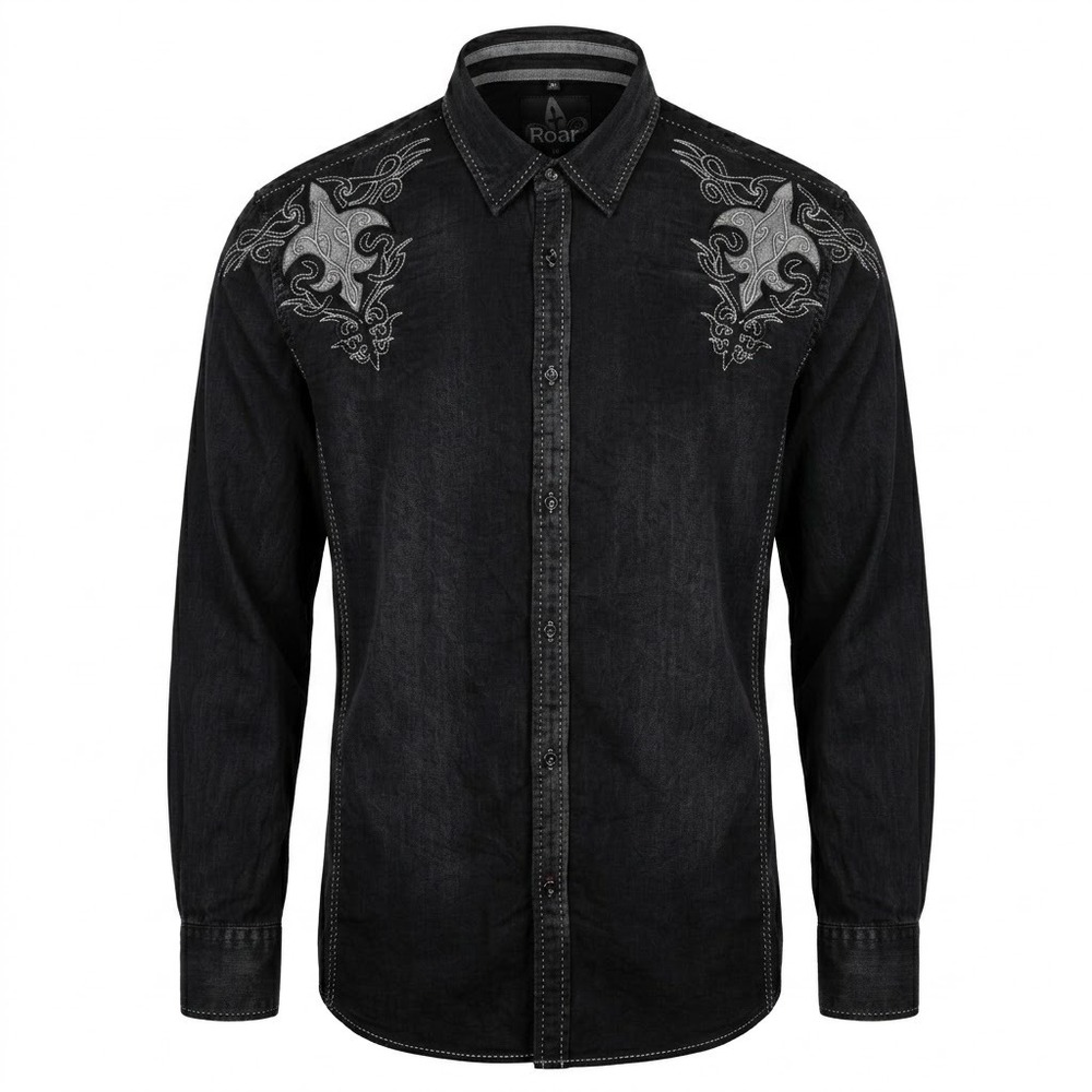 Roar Mens 3XL Black Sacred Embroidered Fleur De Lis Phoenix Button Up Shirt - AC